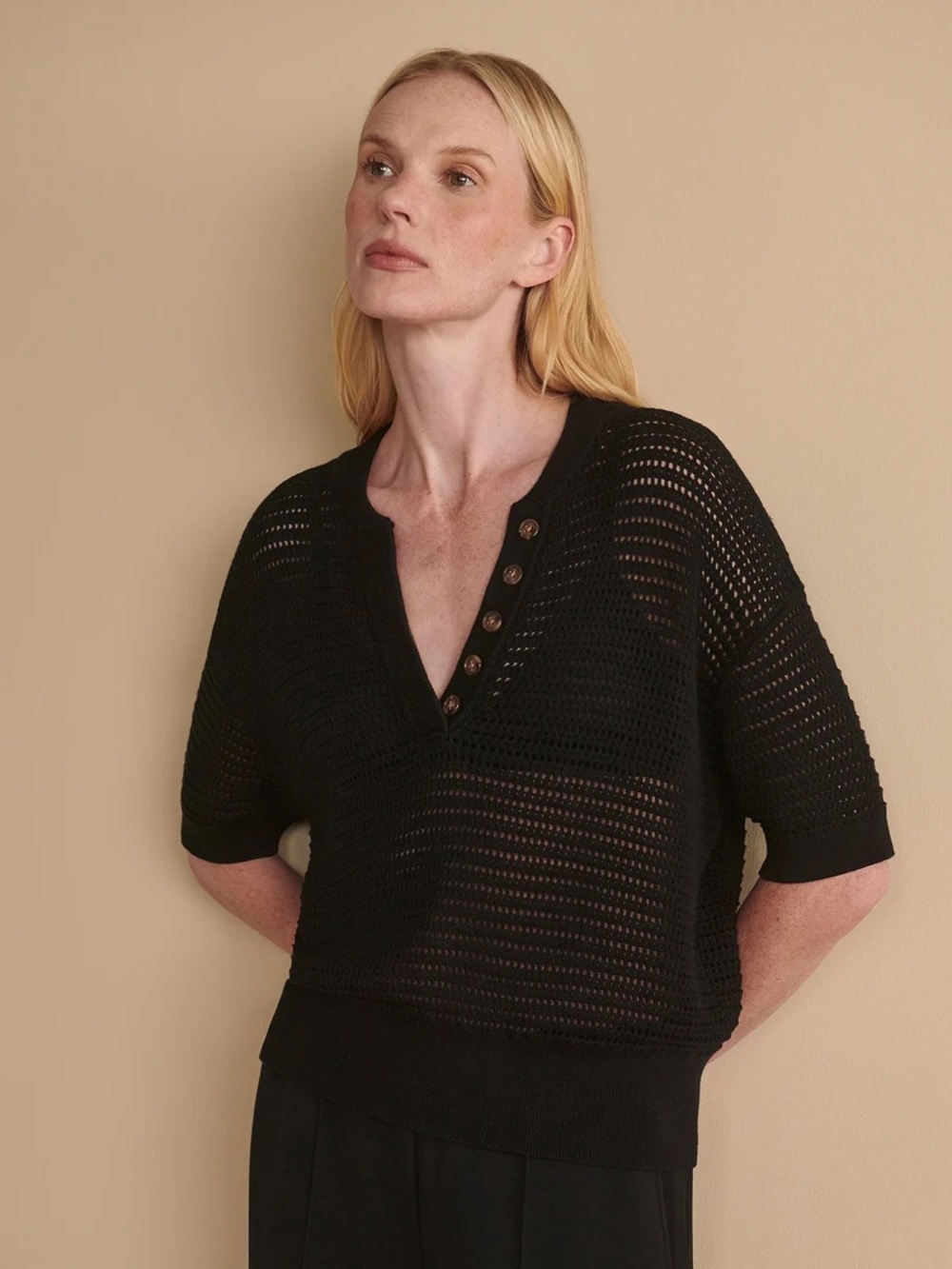Varley Callie Knit Short Sleeve Top Sweater Relaxed Fit Cotton Black Size Small